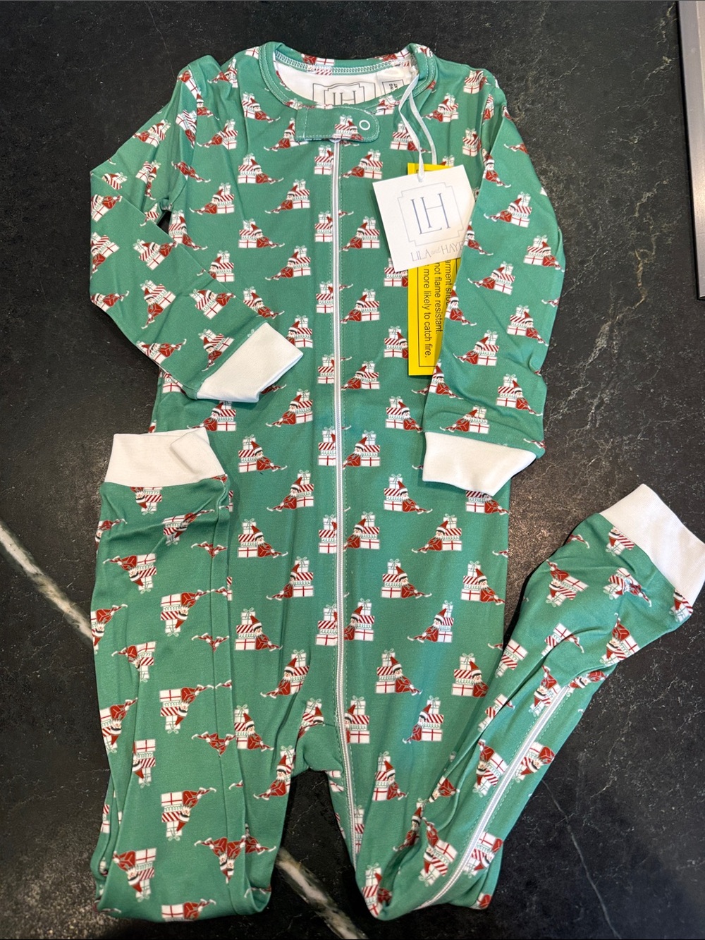 Lila + Hayes Green Holiday Print Footed Zipper Pajamas